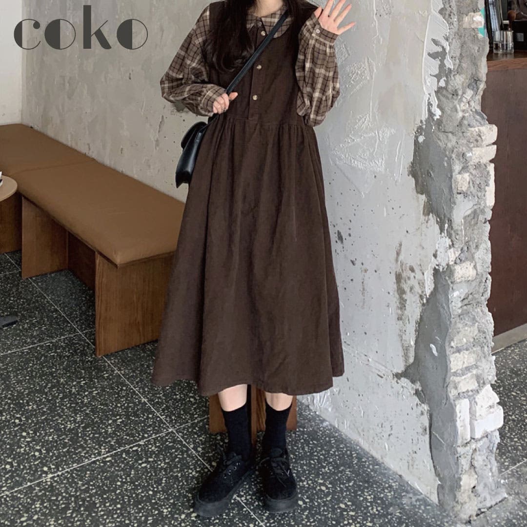 ブラウス ワンピース ツーピース セット Aライン ロング 長袖 短納期 長袖ワンピース ニットワンピース 2タイプ ロング A