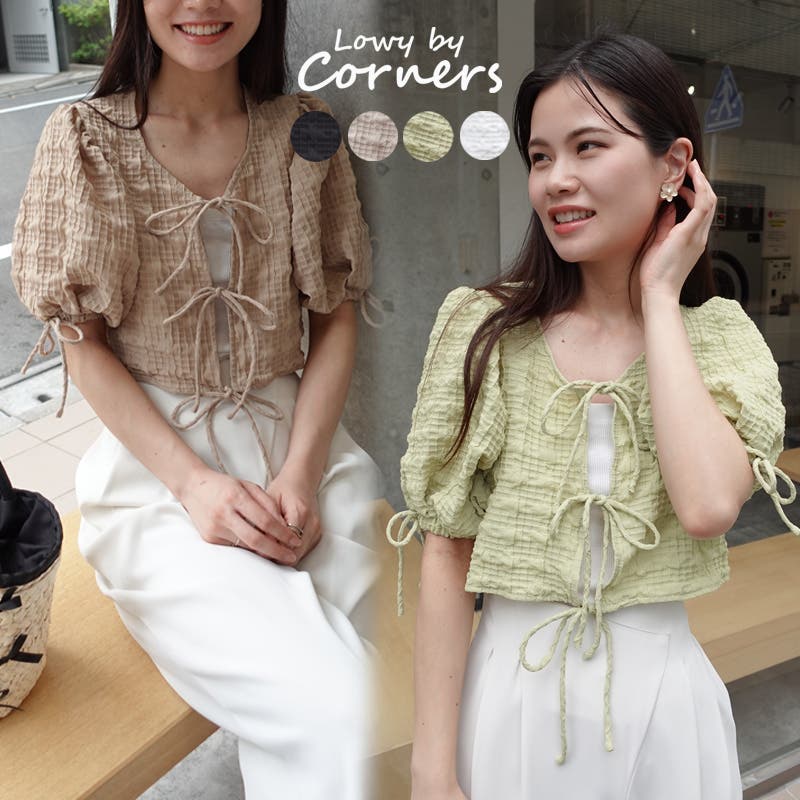 選べるレディース服3点福袋対象商品 プランツジャガード フレンチスリーブ トップス（返品交換ギフト包装不可）レディース 女性  9号 Mサイズ 半袖 カットソー チェックふくれジャガードクロップドリボンブラウス[品番