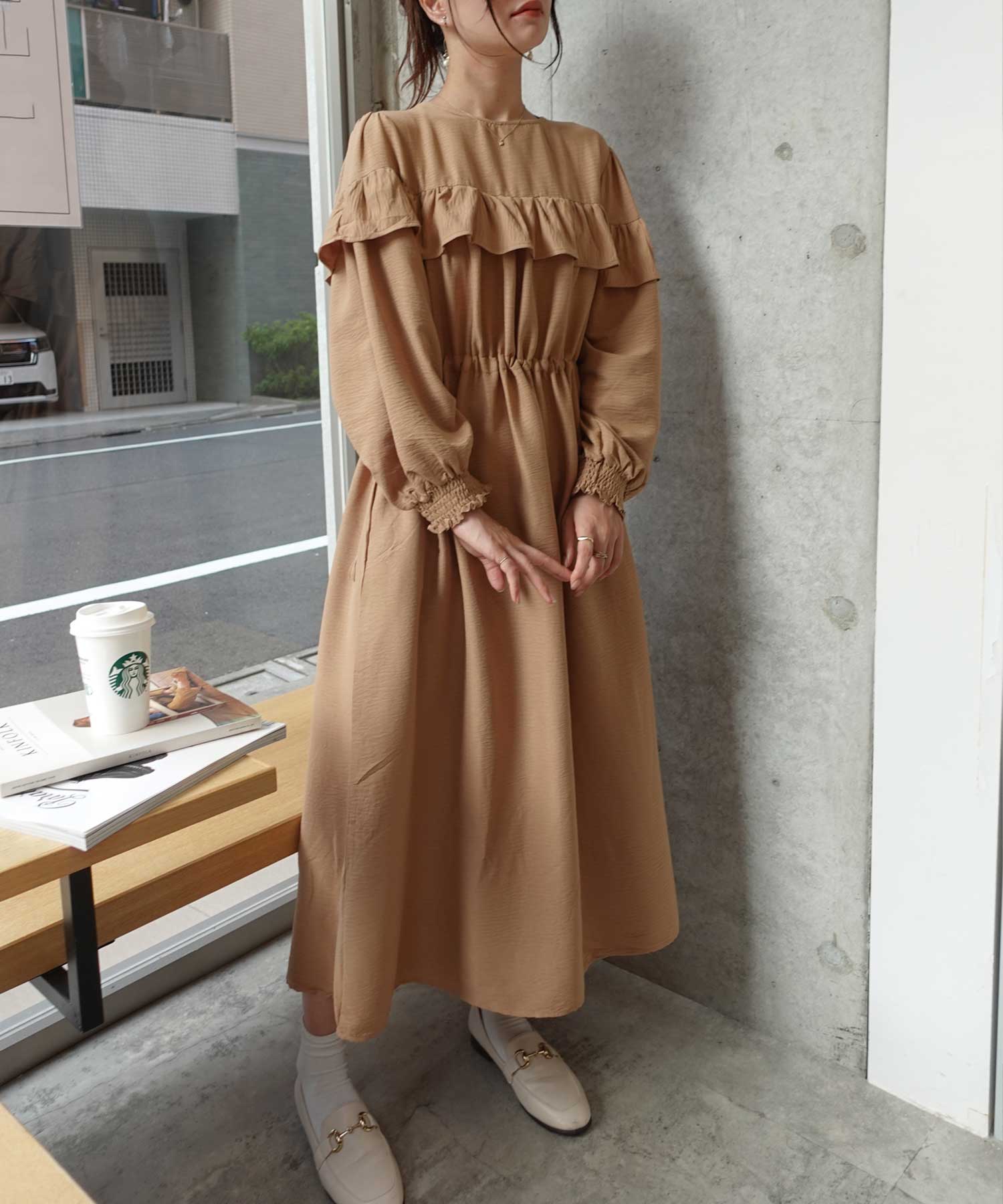 ワンピース フリル ガーリー プリーツ ウエストマーク L3388 ラッフルフリルウエストマークロングワンピ ・54142 | sucrier