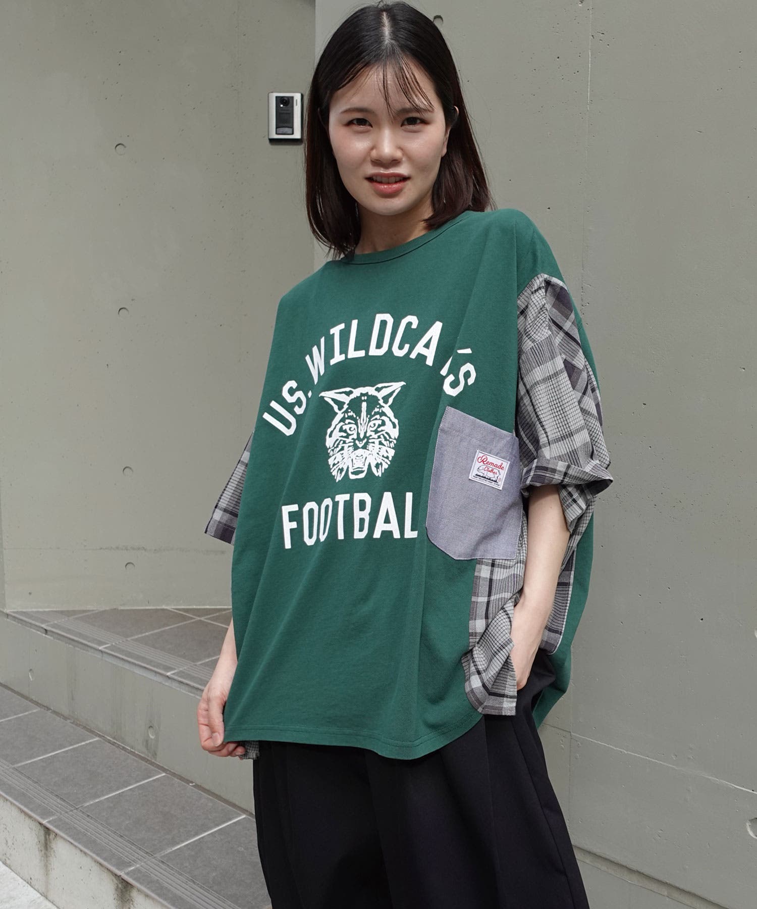 【45R】45rpm 綿100% チェック柄切替クルーネックロングカットソー 2 チェック切り替えTシャツ[品番：TRIW0004118]｜CORNERS （コーナーズ