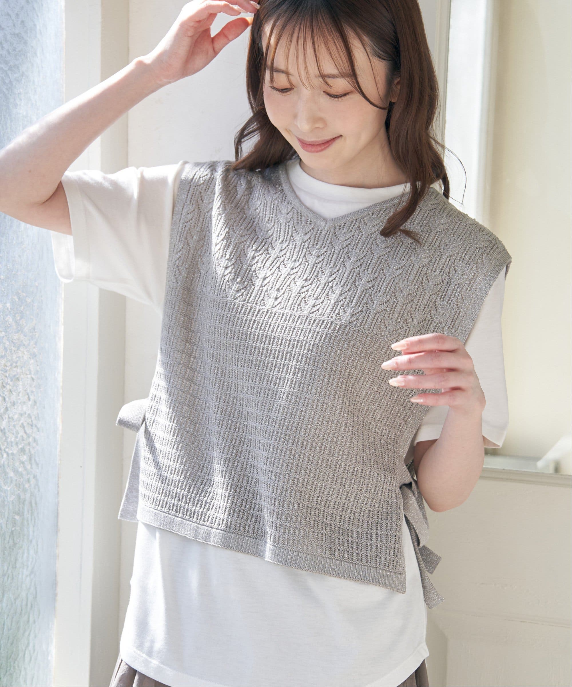 2点セット】透かし編みラメニットベストアンサンブル[品番 