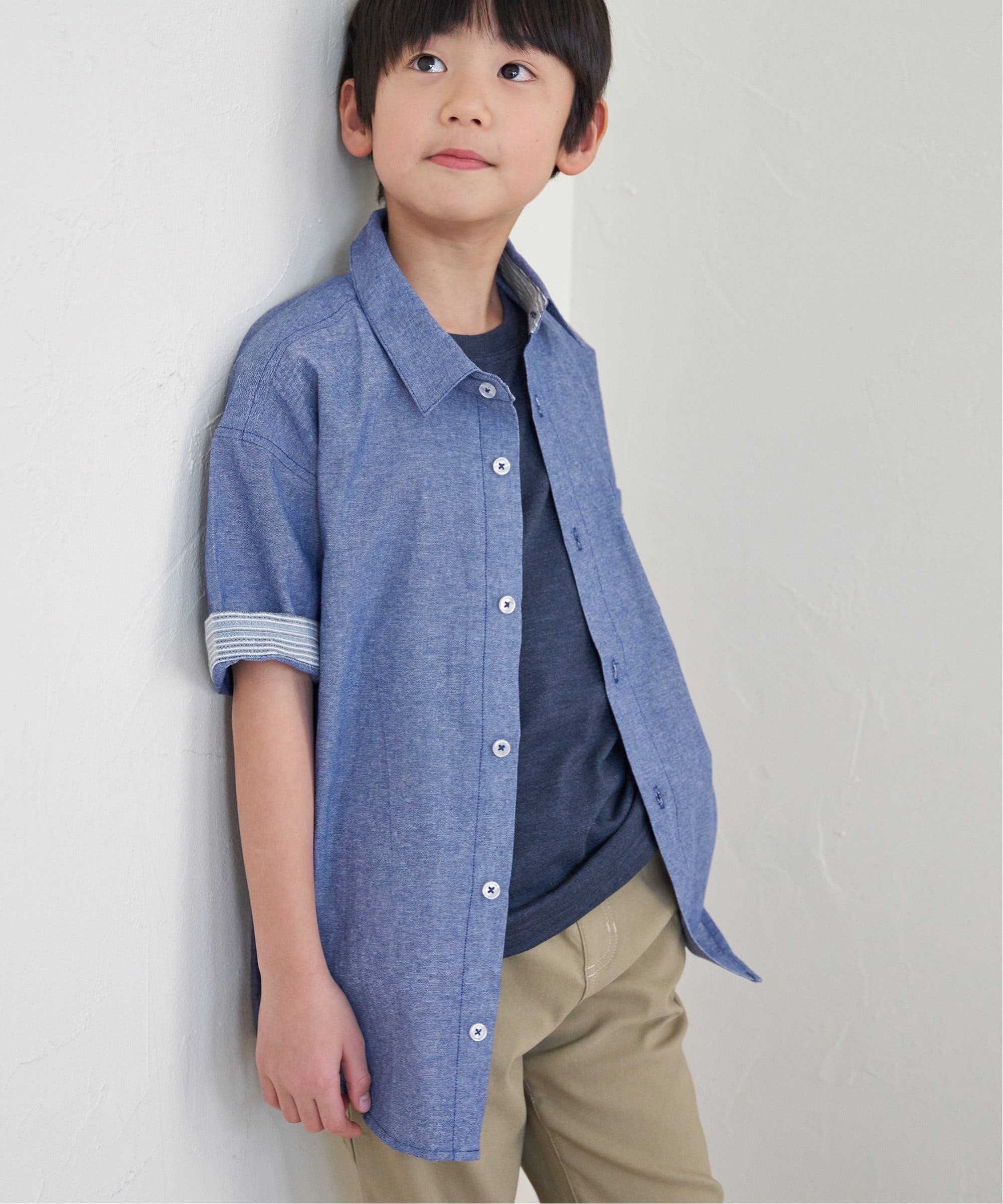 親子コーデ】シャンブレー5分袖シャツ（120~160cm） [品番 