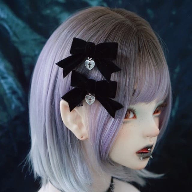 クロスハートリボンヘアピン 全1色(2個セット)ブラック 黒[品番