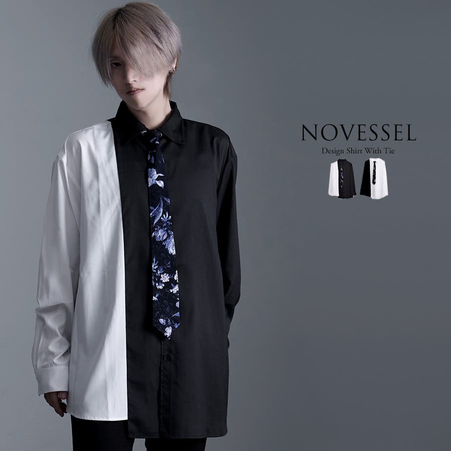 NOVESSELバイカラーネクタイ付きシャツ 全2色 ブラック