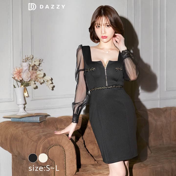 キャバ ドレスゴールドチェーンフロントジップ長袖レースタイトミニ