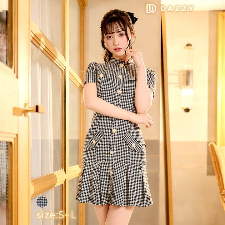 SMLサイズ]ハイネック千鳥格子ボタンビジュー半袖プリーツA