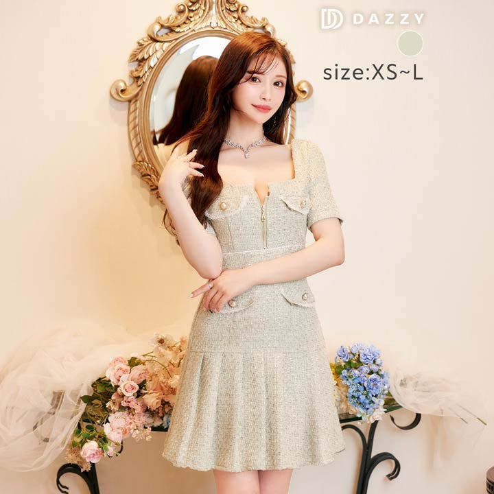 ラグジュアリーツイードジッププリーツ半袖ミニドレス [品番