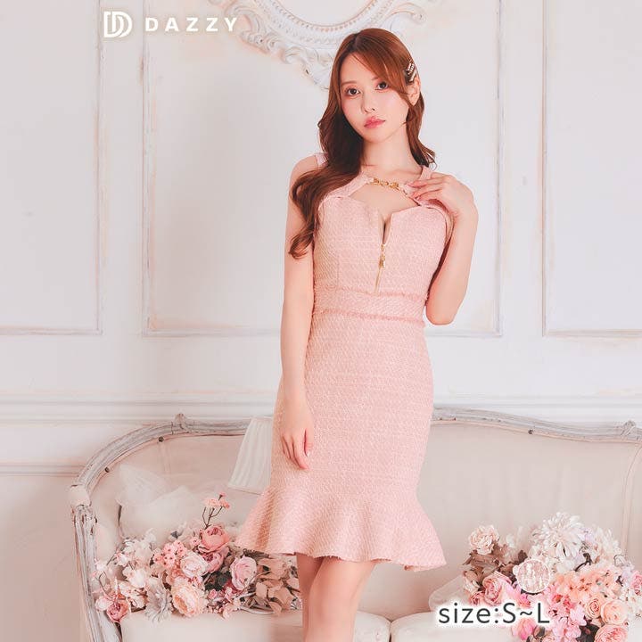 ノースリーブツイードファスナーフリンジマーメイドミニドレス