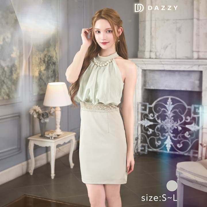 DAZZY ジップアップアメスリビジュータイトミニドレス【M】 DAZZY ドレス フロントジップ パールビジューホール ペプラム