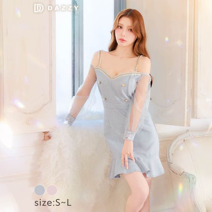 【DAZZY】Petit Madeleineフリルシフォンミニドレス DAZZY ドレス ネック リボン フラワーレース フリル袖