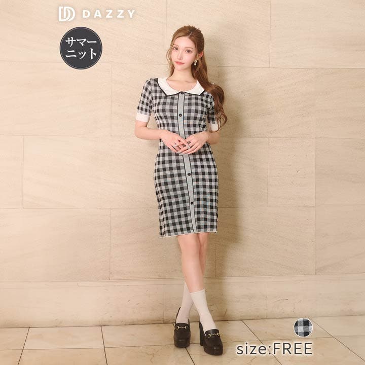 襟付きレトロギンガムチェック半袖ニットワンピース [カジュアル dazzy