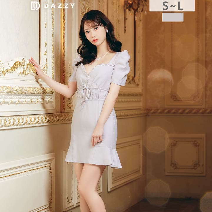 パールビジューウエストリボン半袖マーメイドミニ丈キャバドレス[品番