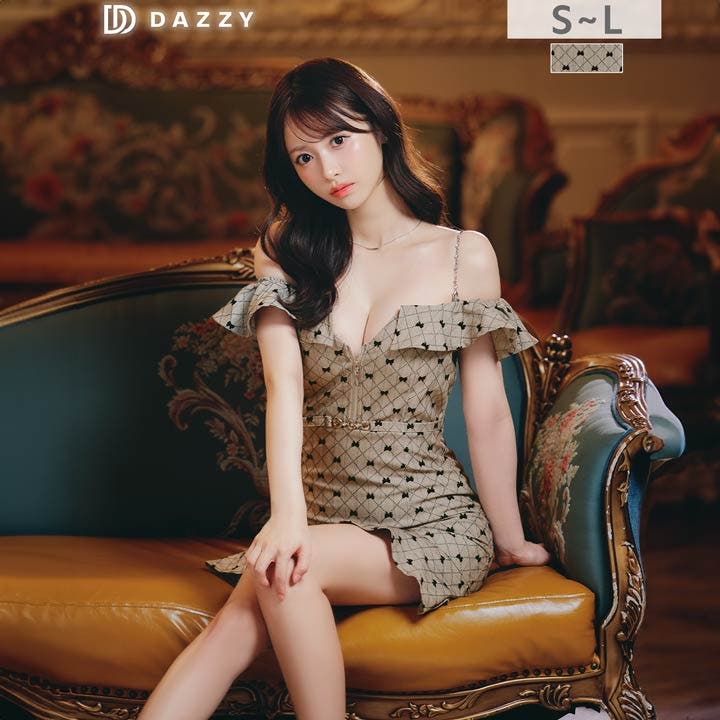 リボン柄オフショルフリルビジューチェーンマーメイドミニ丈