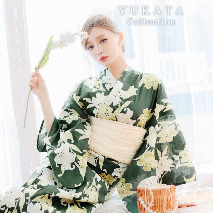 着物・浴衣 yuri 2点SET]緑地×ユリ柄浴衣【2026年新作 YUKATA by[品番：DY000035478