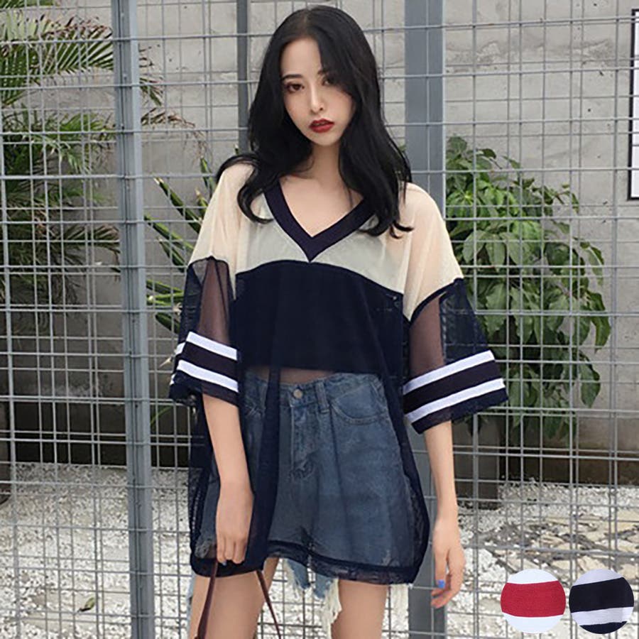 トレンドファッション♪切替シースルーチュニック 2017春夏新作 韓国