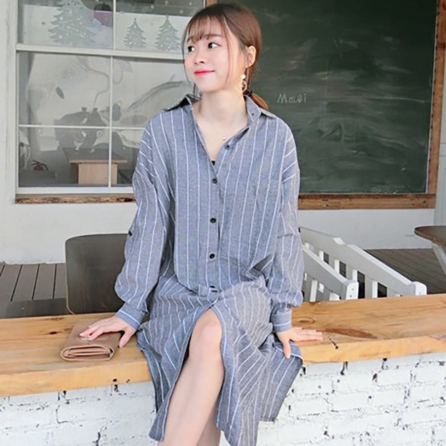 春のお出かけにぴったり❤ストライプ柄シャツワンピース【レイヤード可】 ストライブ柄ワンピース 縞柄シャツワンピース 360度きゅんっ