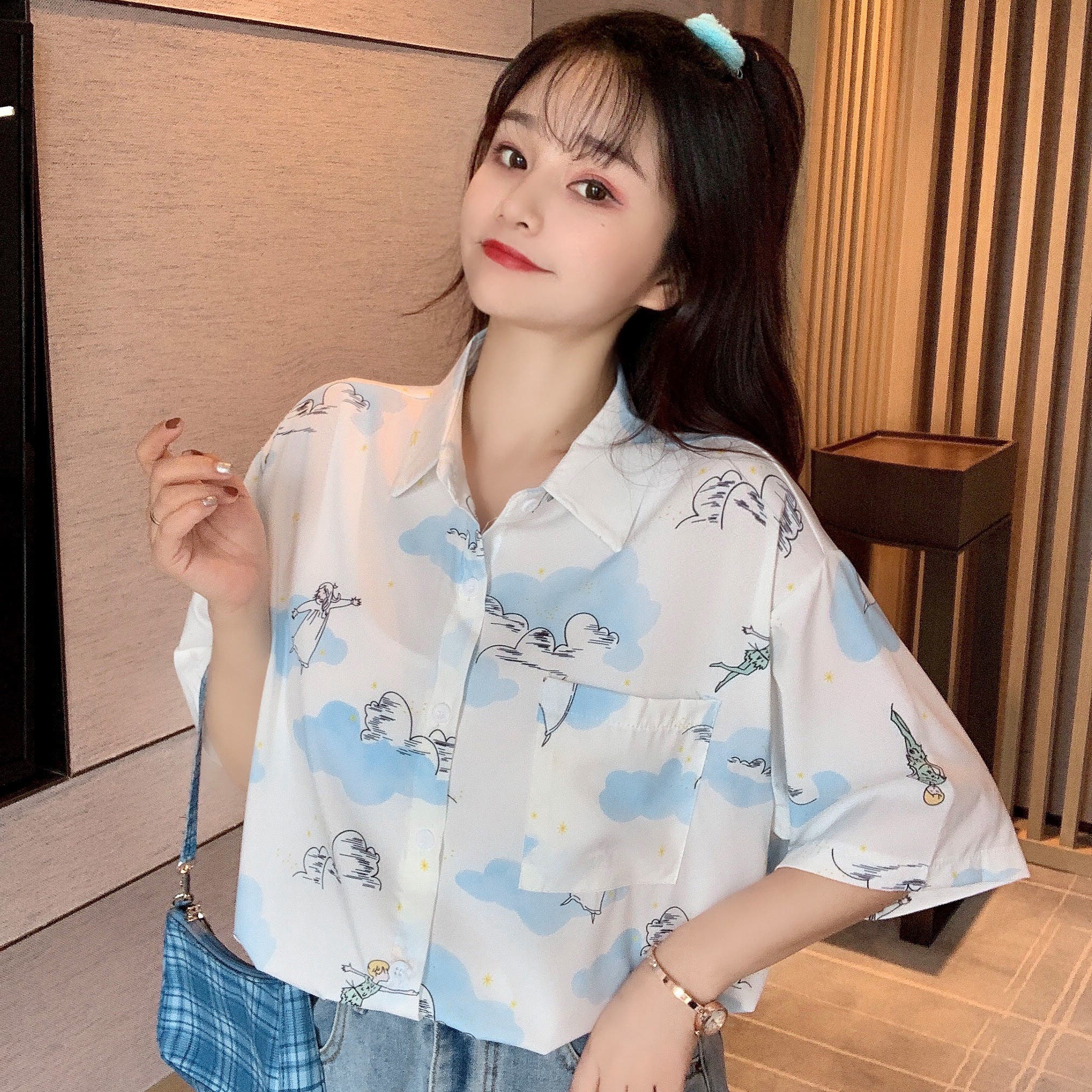 ピンズアクセント ルーズ シャツ 半袖 トップス 韓国 2色 hr9659 ユニーク総柄襟付半袖シャツ 2020春夏新作 韓国ファッション