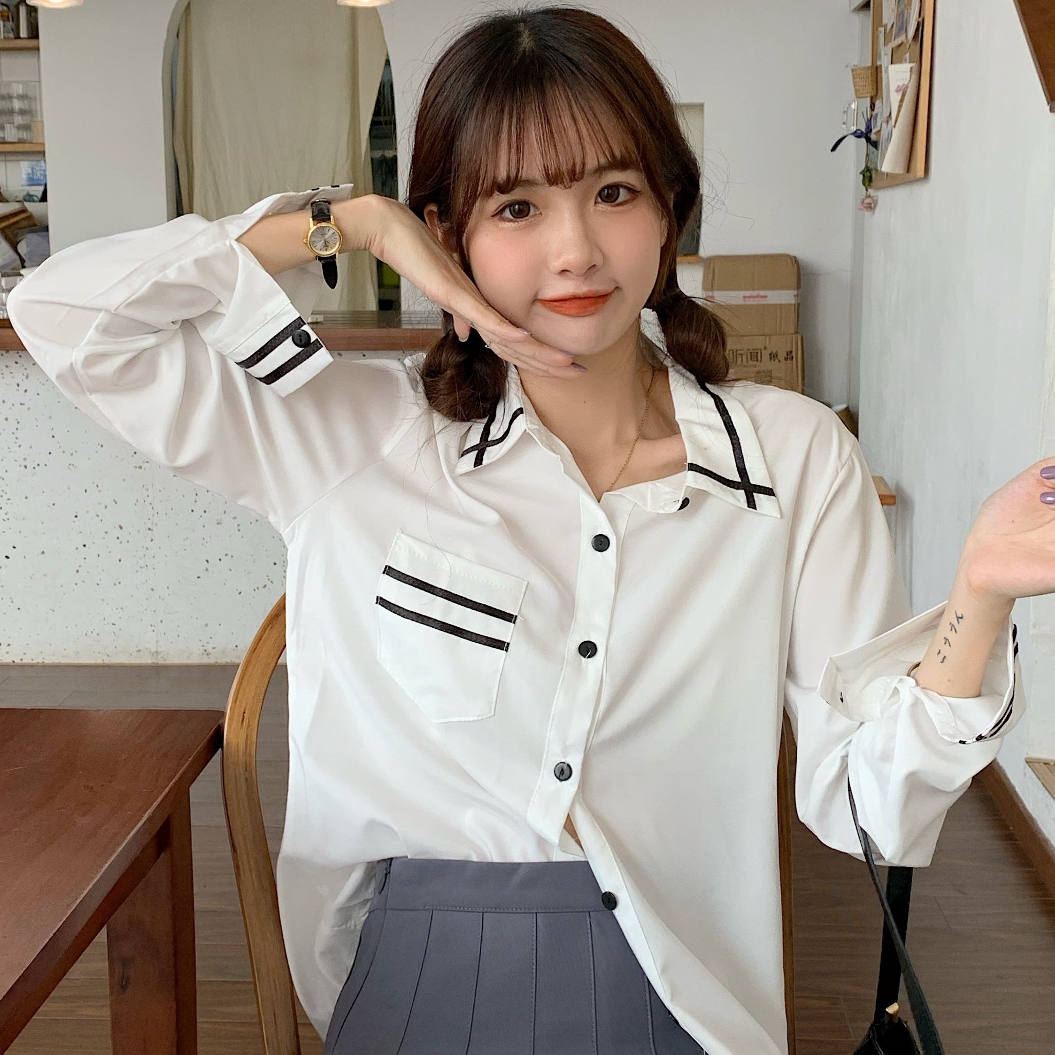 韓国ファッション 光沢シャツ 長袖 ボウタイ付き パーティー t6365_0.jpg