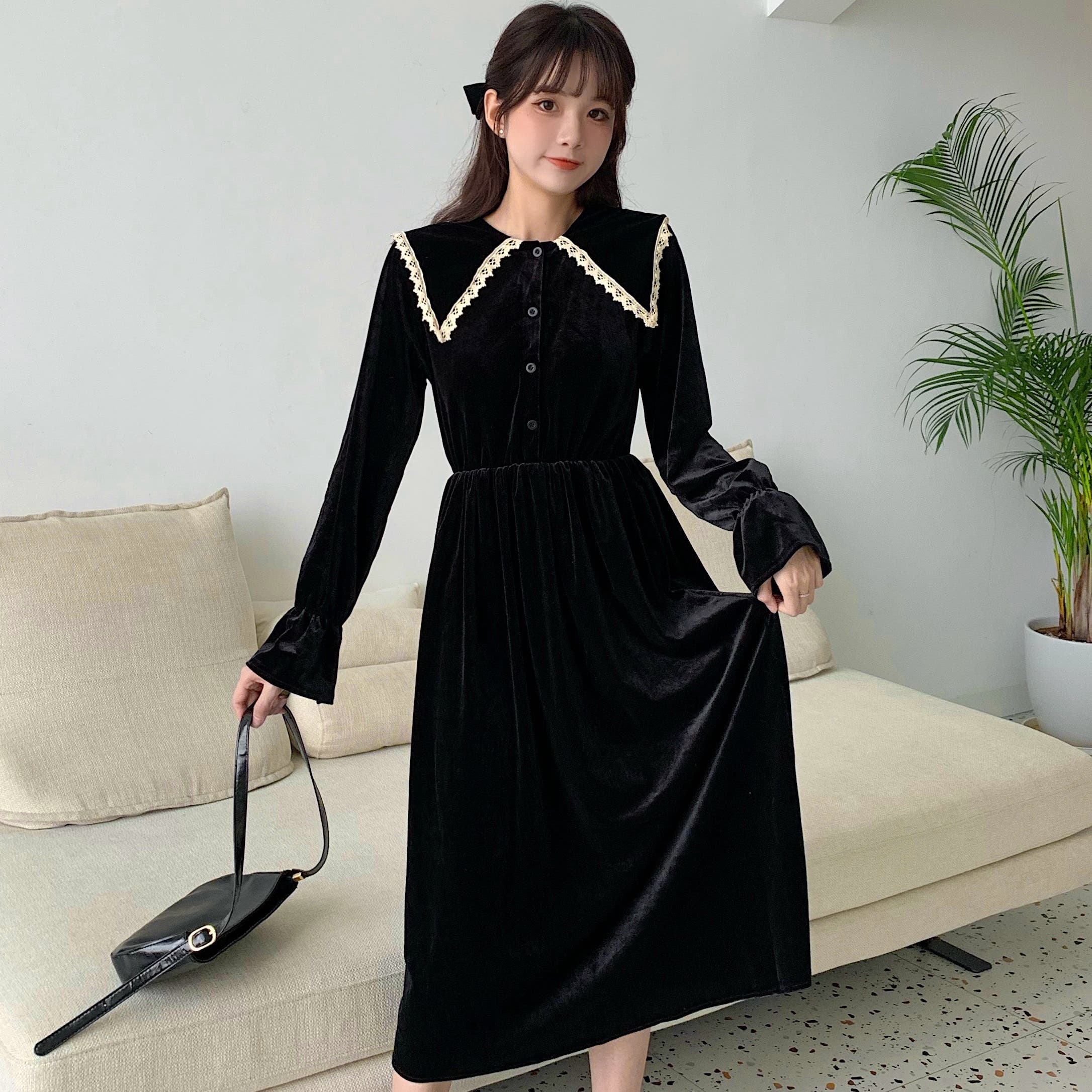 レース使い襟付ベロア生地長袖ワンピース 2020秋冬新作 韓国