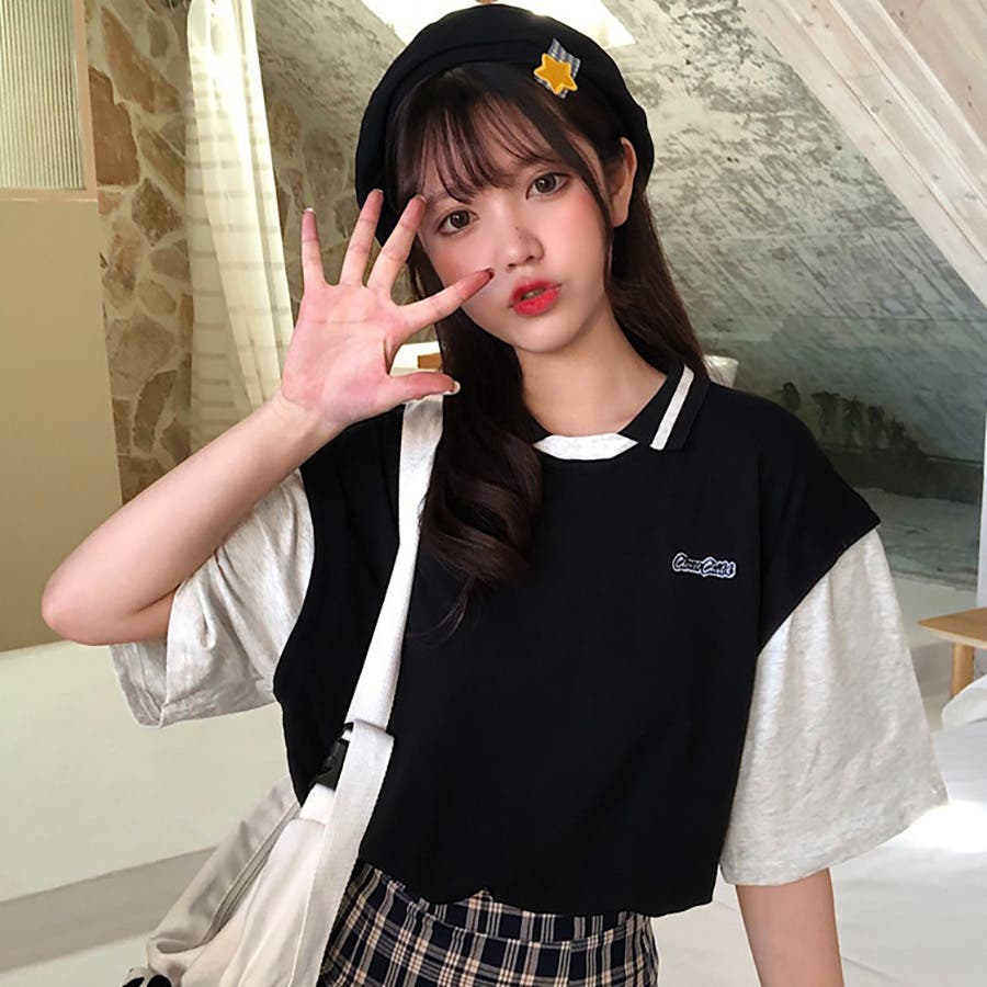 フェイクレイヤード シャツ 2色 無地 チェック 半袖 韓国 nr9629 t6932_0.jpg