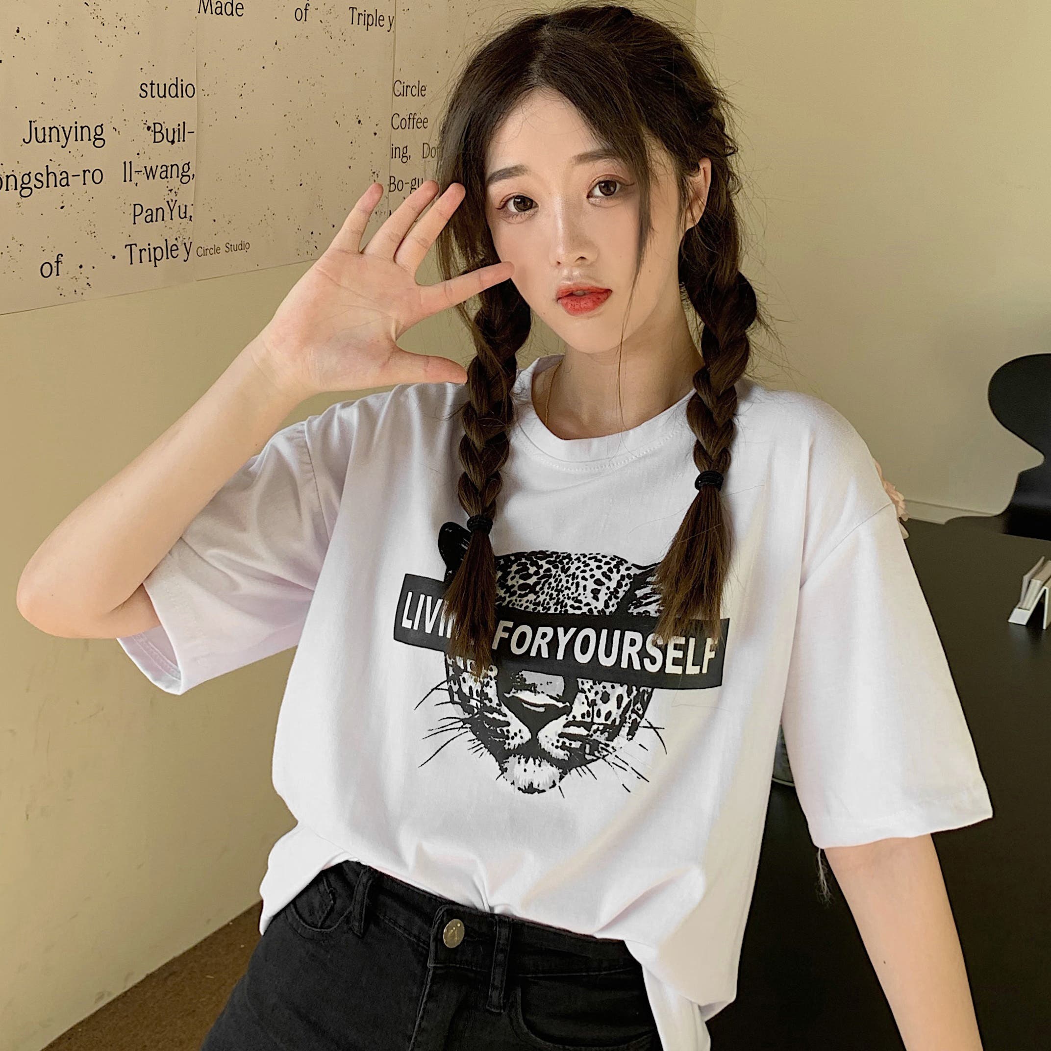 虎英字プリント半袖Tシャツカットソー 春夏新作 韓国