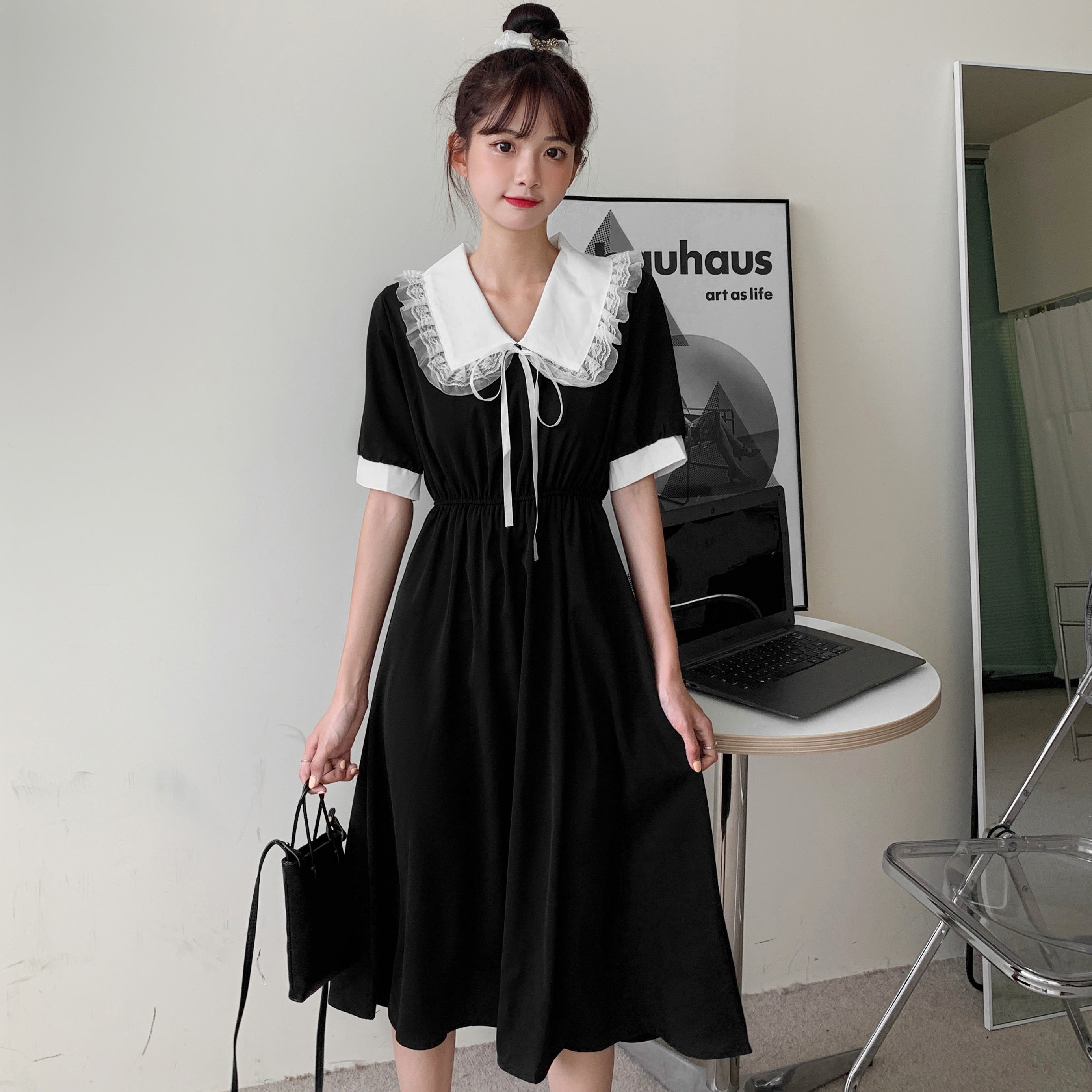 レース使い襟付半袖ワンピース 春夏新作 韓国ファッション[品番