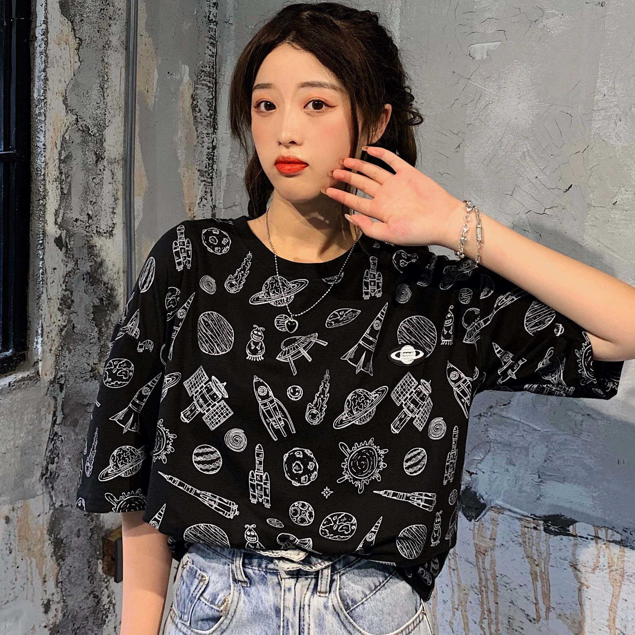 センソユニコ Sensounico t.b 宇宙柄 半袖 チュニック カットソー 宇宙柄総柄半袖Tシャツカットソー 春夏新作 韓国ファッション[品番