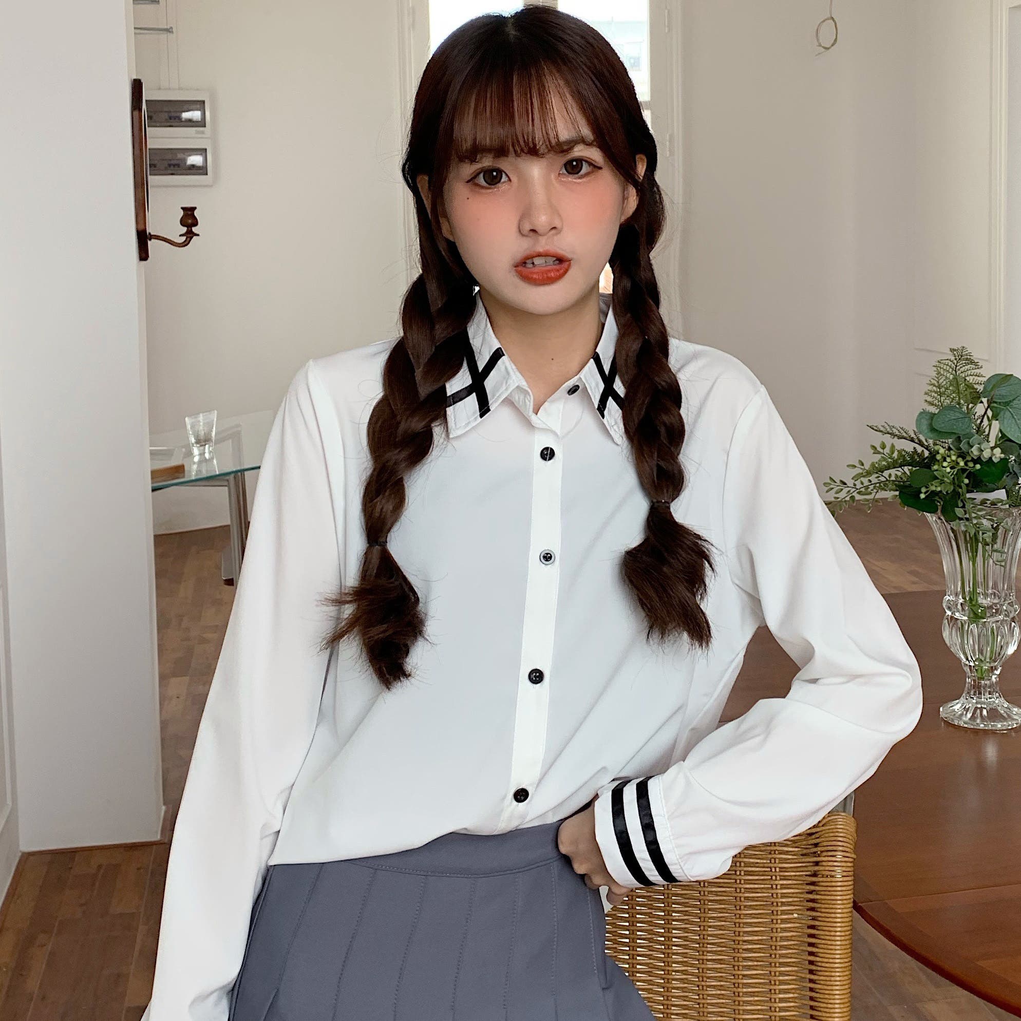 韓国ファッション シャツ 長袖 レディース トップス ミディアム ライン はおり デザイン 大人 薄手 t7095_2.jpg
