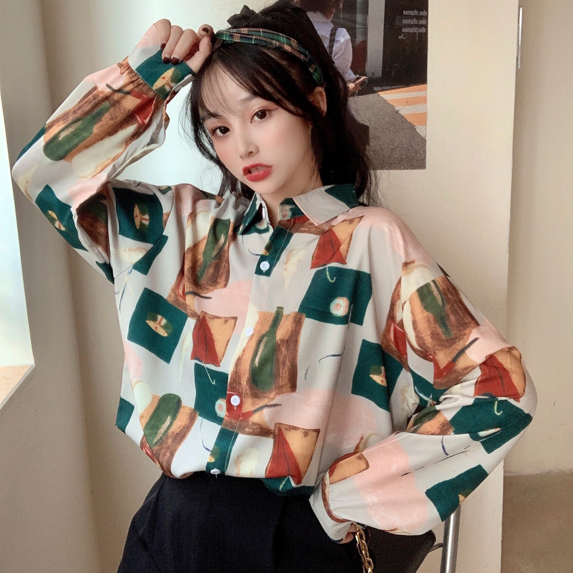【ネクタイシャツ】韓国アート総柄 光沢感 テロ感 長袖ポリシャツ 黒 茶 XL 51660krdRWL._AC_SY200_QL15_.jpg
