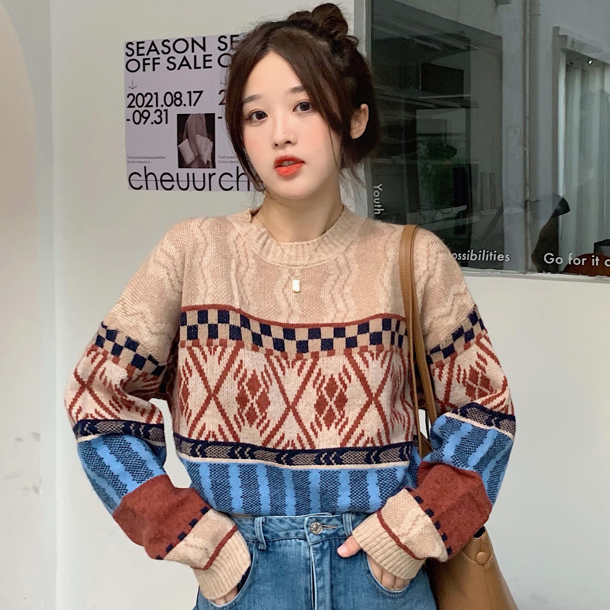 ノルディック柄長袖ニットセーター 秋冬新作 韓国ファッション[品番