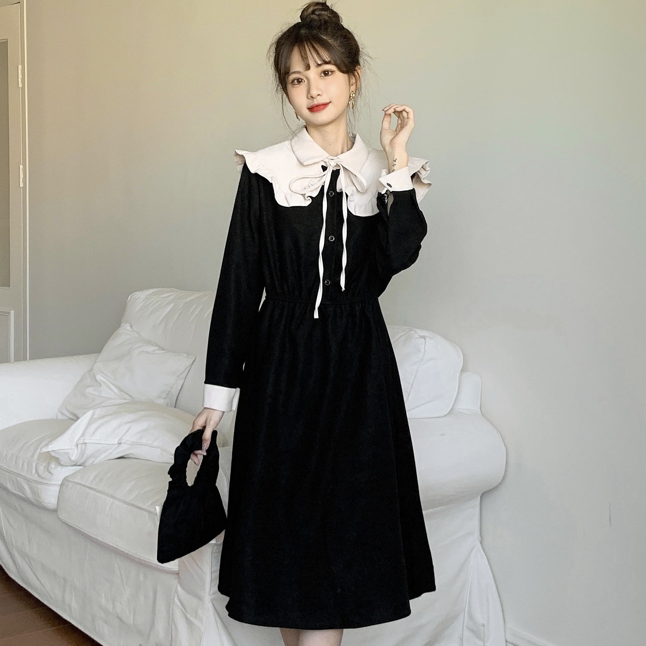 フリルデザイン襟付長袖ワンピース 秋冬新作 韓国ファッション[品番