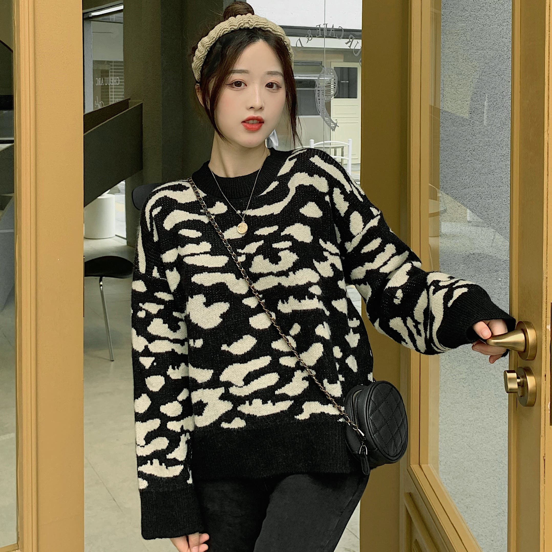 斑柄長袖ニットセーター 秋冬新作 韓国ファッション[品番：CP000009620