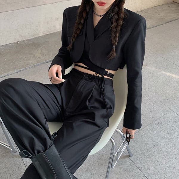 【美品♡】23区 パンツ セットアップ スーツ ブラック ウール ストライプ M Lace Ladies フロントホック ペプラム パンツ スーツ