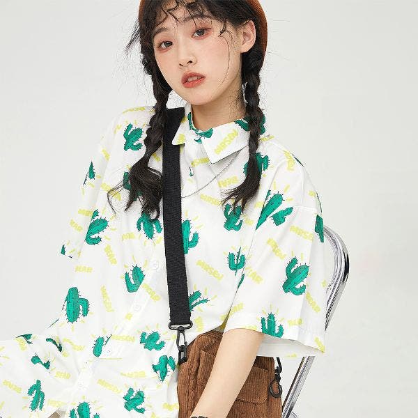 柄シャツ サボテン柄 ビッグシルエット[品番：DCTW0003146