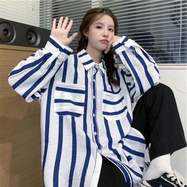 柄シャツ ストライプ柄 ブルー×ホワイト[品番：DCTW0003363