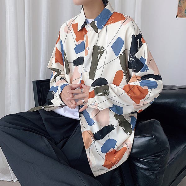 レトロ調マルチカラー総柄デザイン テロテロレーヨンシャツ3Lゆったり