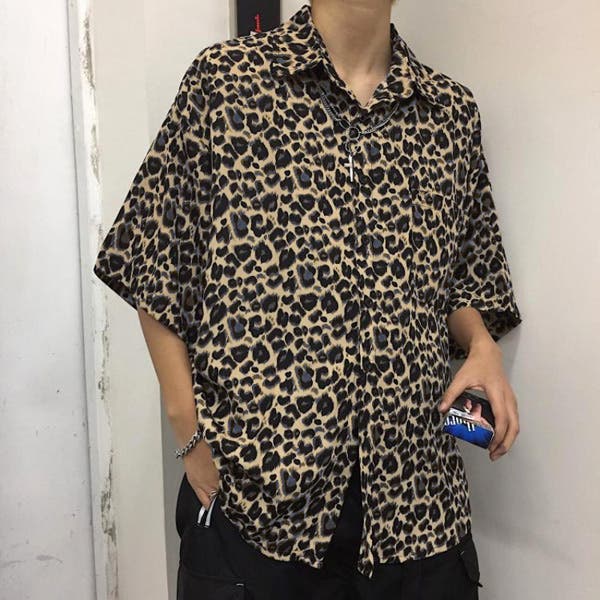 d.i.a/レオパード柄フード付き半袖トップス バックレースアップフーディトップス レオパード柄（Tシャツ