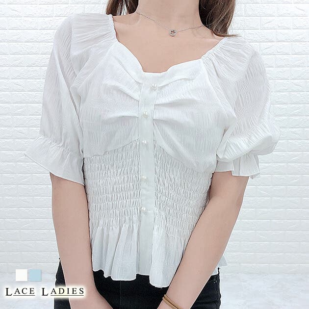 シャーリング五分袖 パフスリーブブラウス トップス[品番