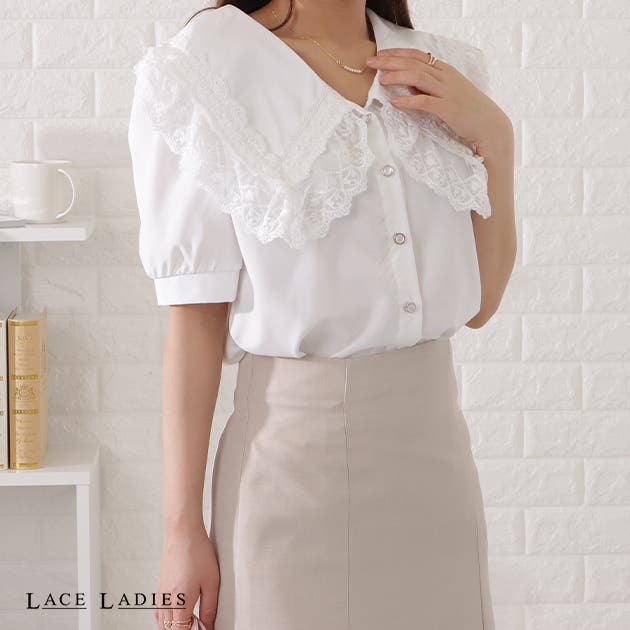 ビッグカラーレーシィ半袖ブラウス レディース 女性[品番：LCLW0003382