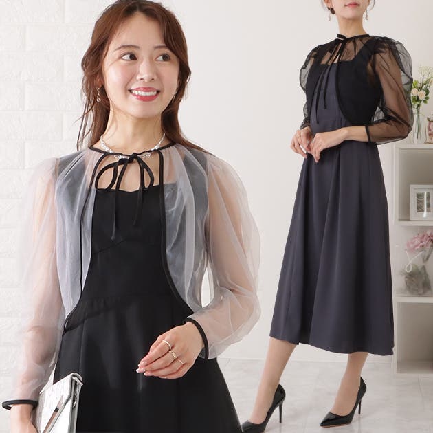 シフォンボレロ付きビスチェフレアワンピース 女性 レディース[品番