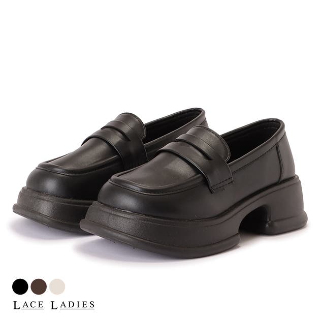 (torinankotu)ブラックレザー ローファー 厚底 厚底 コインローファー ドレスシューズ[品番：LCLW0003864]｜レース