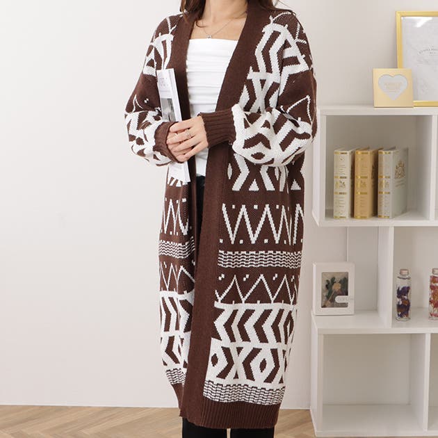 トライバル柄ロングニットオーバーコーディガン 女性 レディース[品番