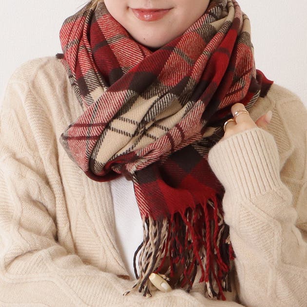 千鳥格子柄クラシカルフリンジマフラー 女性 レディース[品番