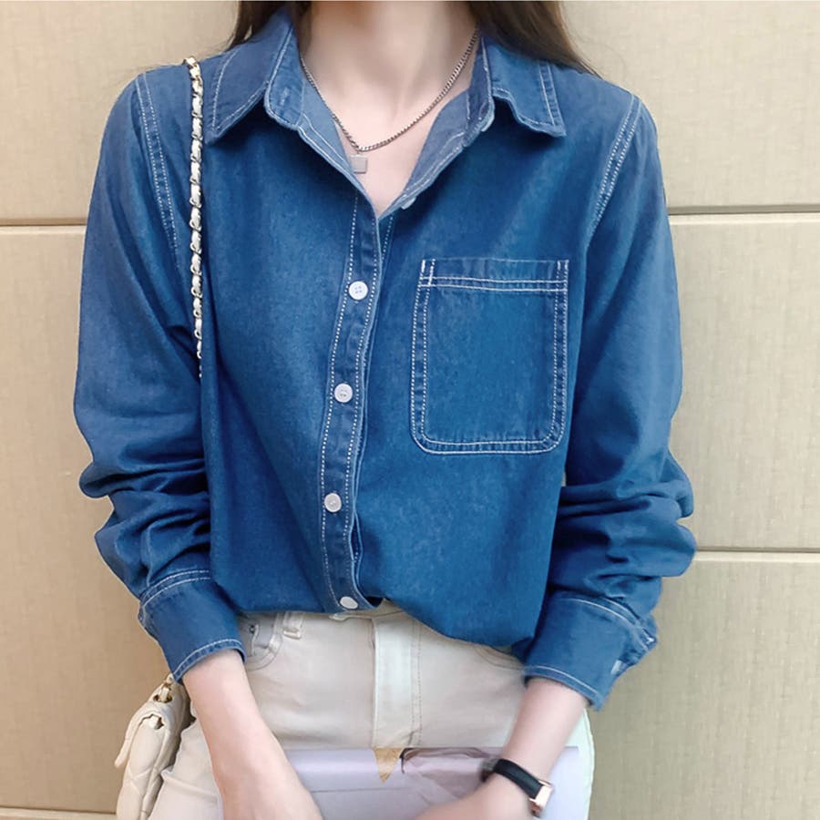 デニム柄 トップス シャツ 長袖[品番：DBLW0001690]｜Doux Belle