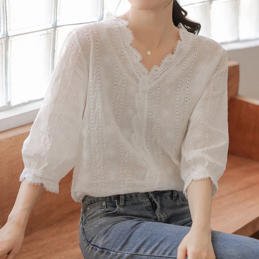 7分袖レース刺繍ブラウス[品番：DBLW0001930]｜Doux Belle