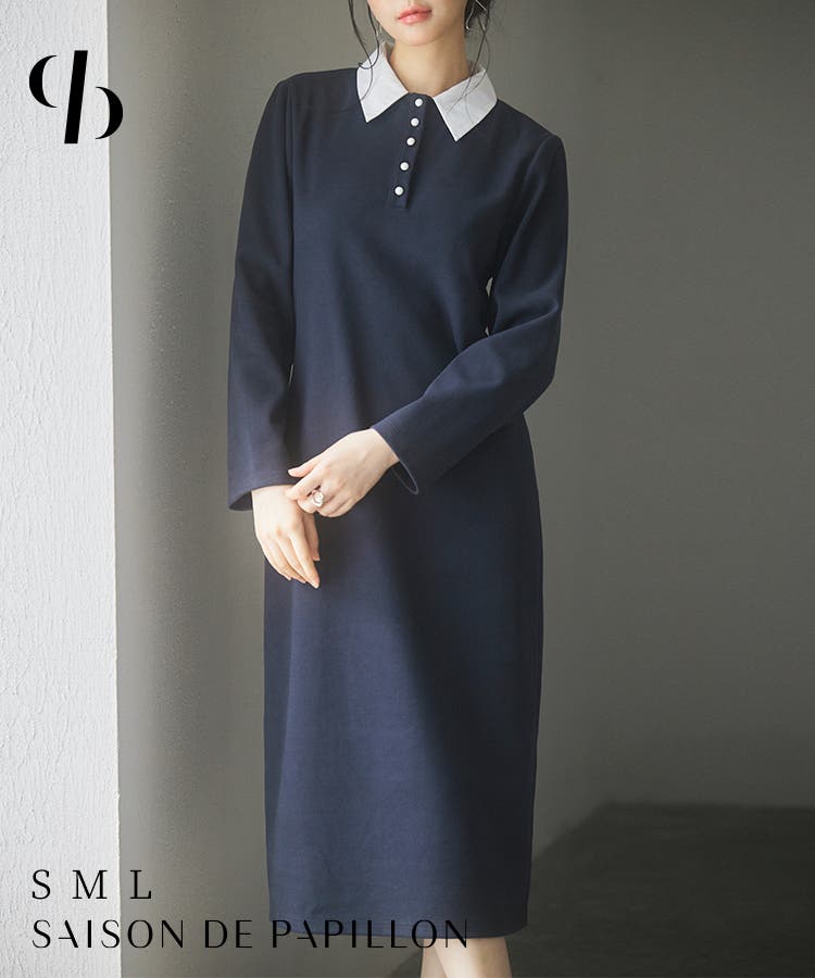 2wayネックパールボタンミモレ丈ワンピース[品番:DSSW0004985 2wayネックパールボタンミモレ丈ワンピース[品番:DSSW0004985