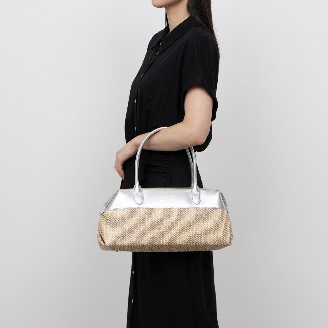 【SV】ペルケ perche / 雑材風*牛革付属横長ボストン ペルケ perche / 雑材風×牛革付属横長ボストン[品番：UBOW0009518