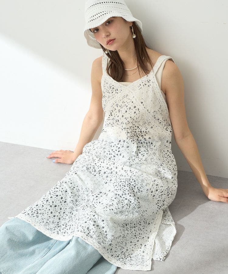 花柄プリントボーラー刺繍ミニキャミドレス[品番：EMEW0049330