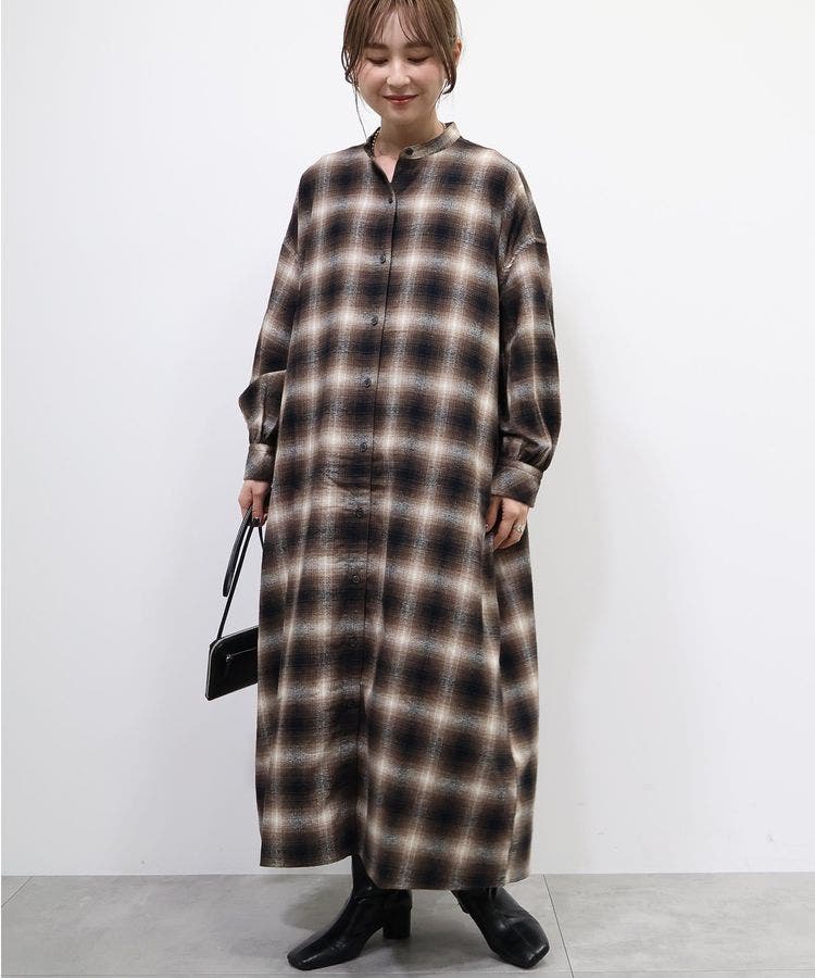 バンドカラーチェックシャツワンピース[品番：EHEW0046044]｜AMERICAN