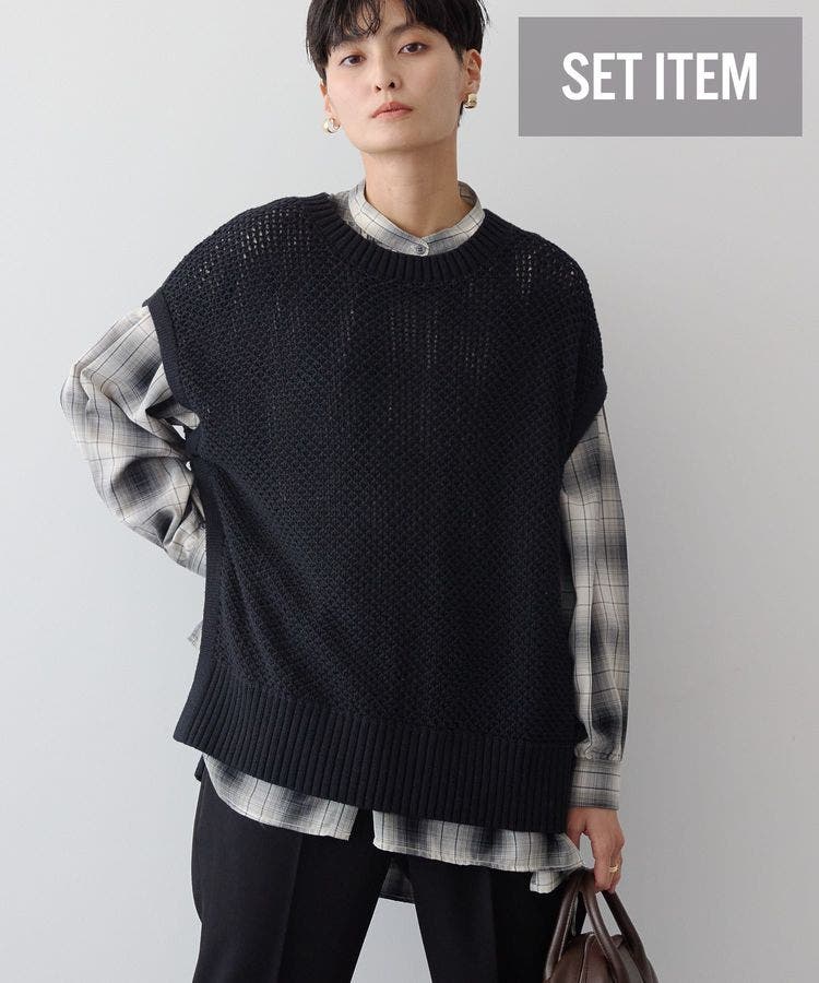 SET イージーケアギャザーシャツ+ニットベスト[品番
